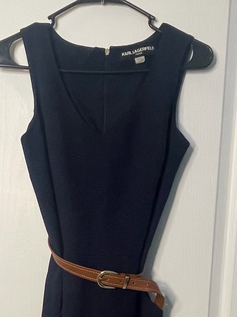 KARL LAGERFELD Sleek Navy Sheath Jumpsuit with Brown Belt